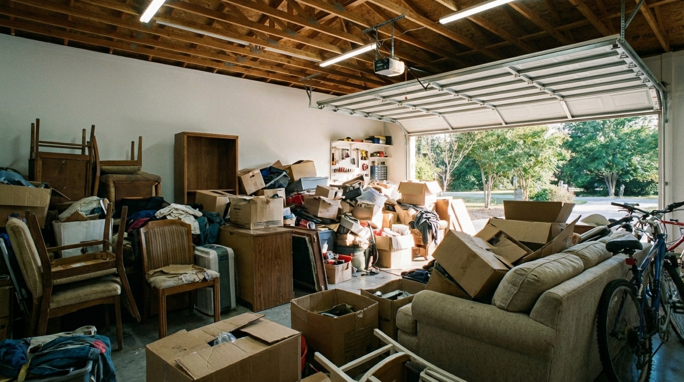 Messy cluttered garage